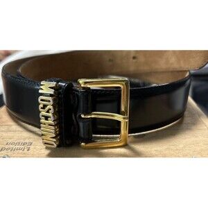 Vintage Moschino Redwall Black Leather Logo Belt Gold Buckle Made in Italy 42